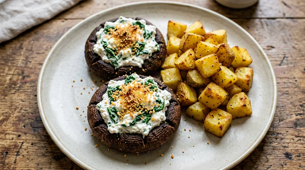 Portobello mushrooms stuffed with ricotta and spinach, with potatoes