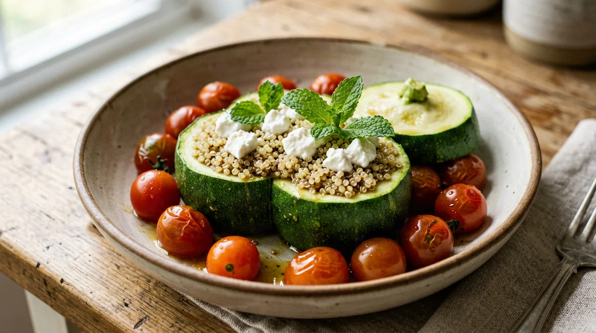 Round zucchini stuffed with quinoa and feta