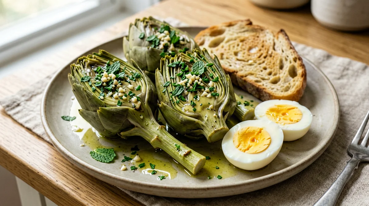 Roman-style artichokes with boiled eggs and bread