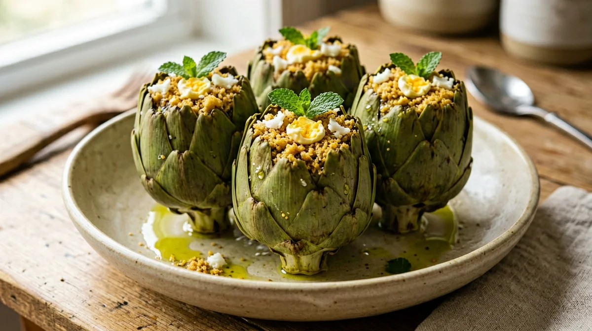 Carciofi ripieni di pane, pecorino e menta in tegame
