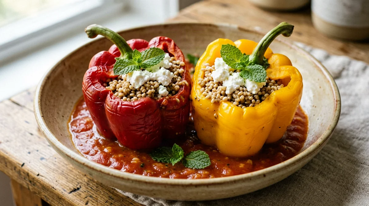 Peppers stuffed with bulgur, feta and mint