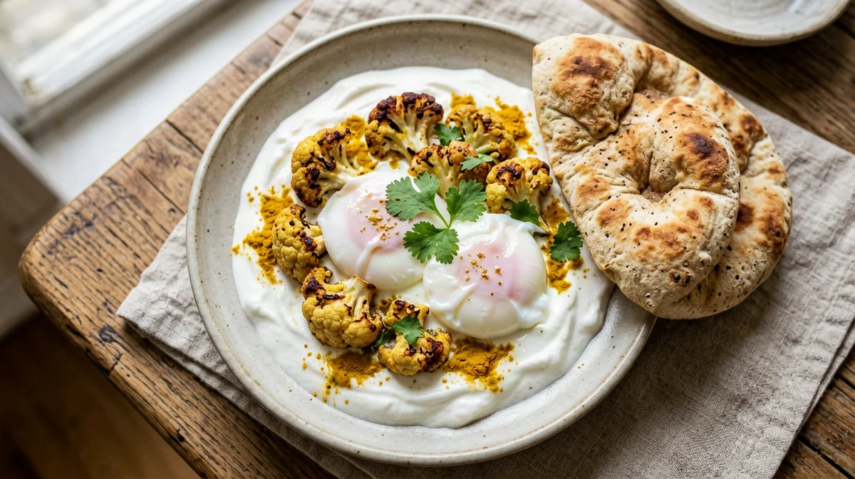 Cavolfiore alla curcuma con uova in camicia e yogurt
