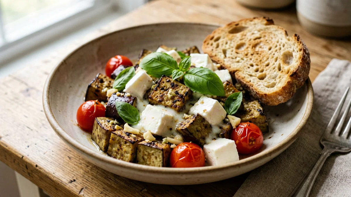 Melanzane a funghetto con mozzarella light e pane