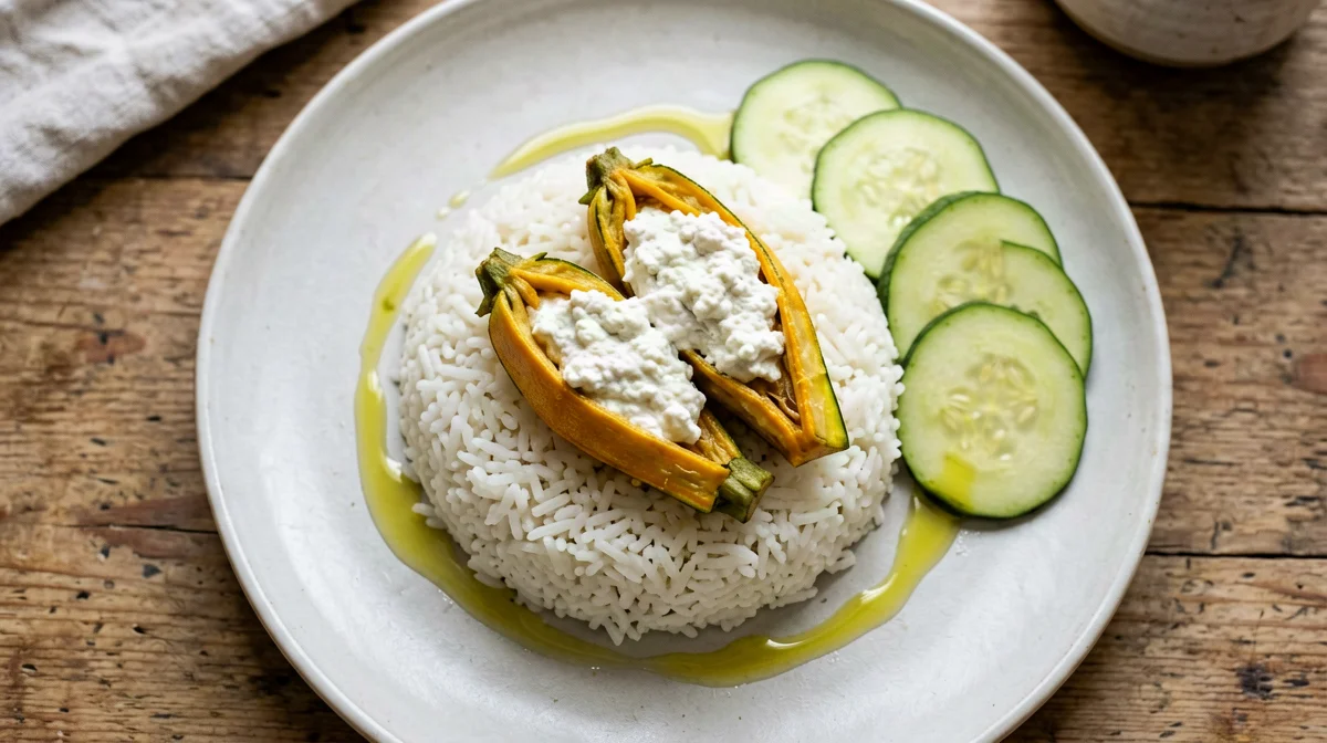 Steamed ricotta-stuffed courgette flowers with rice and zucchini