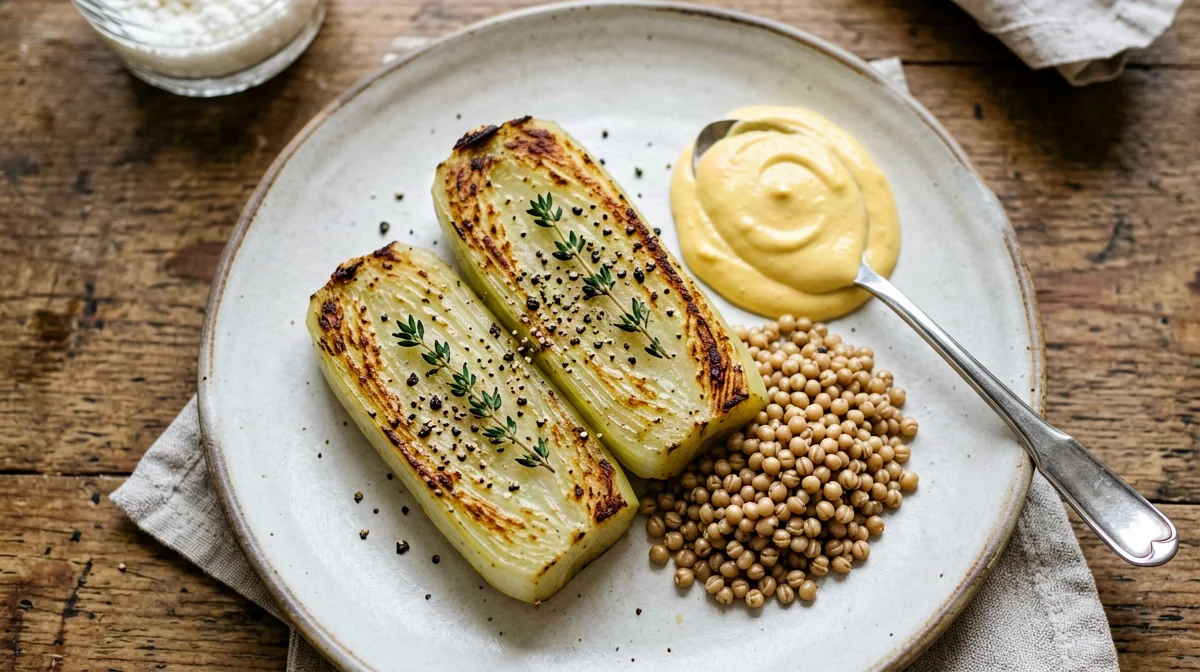 Celeriac steaks with mustard yogurt and spelt