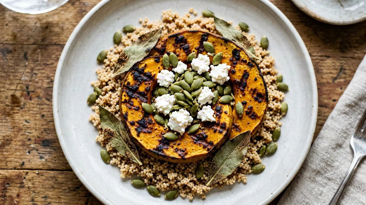 Zucca alla piastra con feta, semi di zucca e bulgur alla salvia