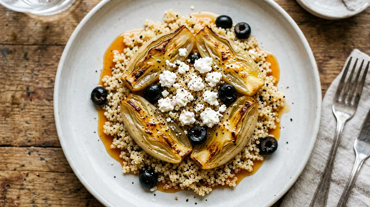 Finocchi brasati all'arancia con ricotta salata e quinoa