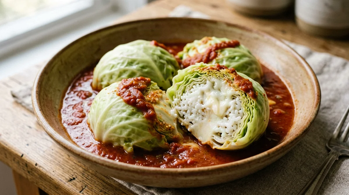 Involtini di verza con riso e scamorza al pomodoro