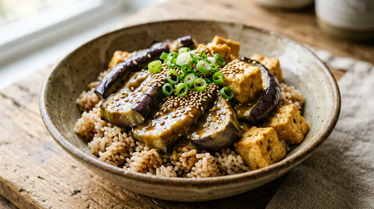 Melanzane glassate al miso con tofu e riso integrale