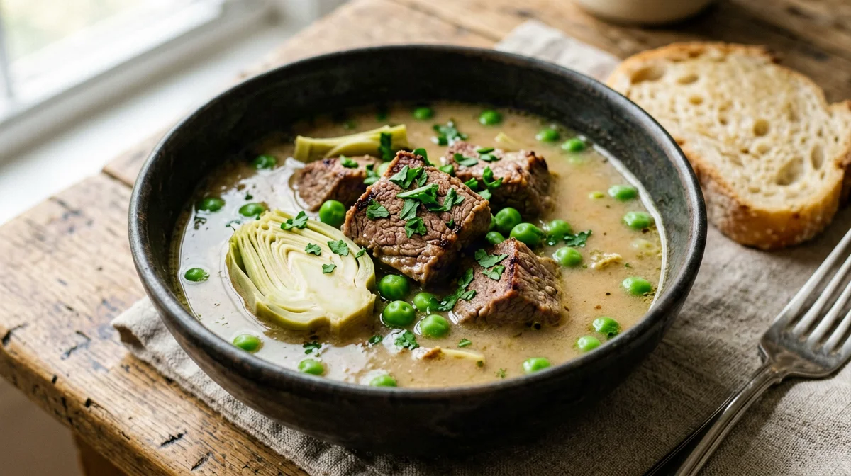 Spezzatino di seitan con carciofi e piselli