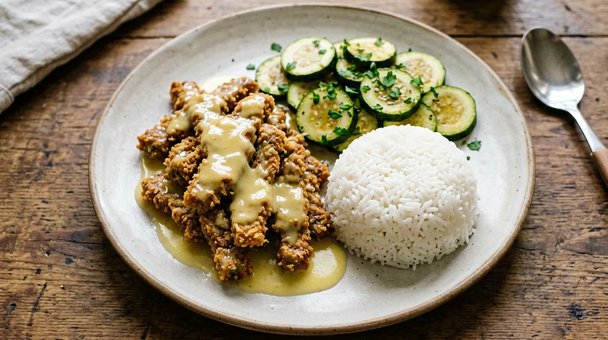 Straccetti di seitan al limone con zucchine trifolate e riso