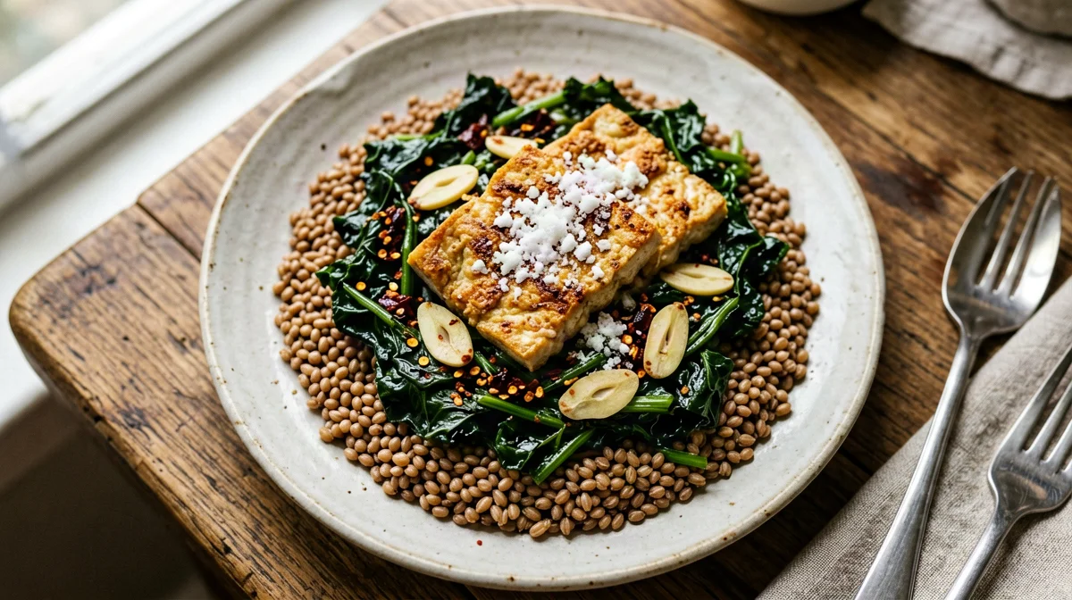 Tempeh croccante con cavolo nero all'aglio, farro e Grana
