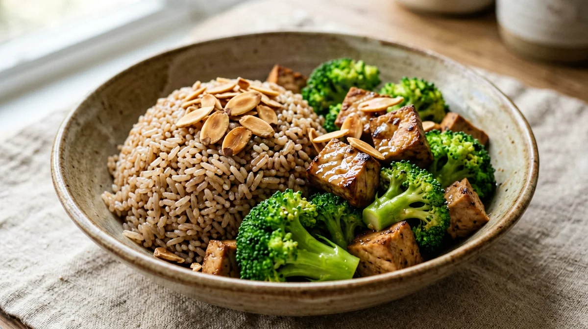 Smoked tofu with broccoli, almonds and brown rice