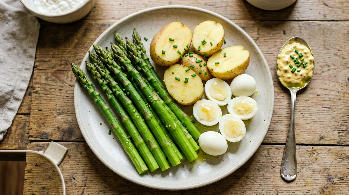 Asparagi con uova di quaglia, salsa di skyr alla senape e patate