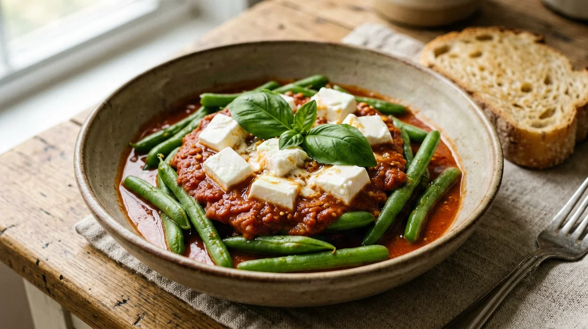 Green beans in tomato with light mozzarella and bread