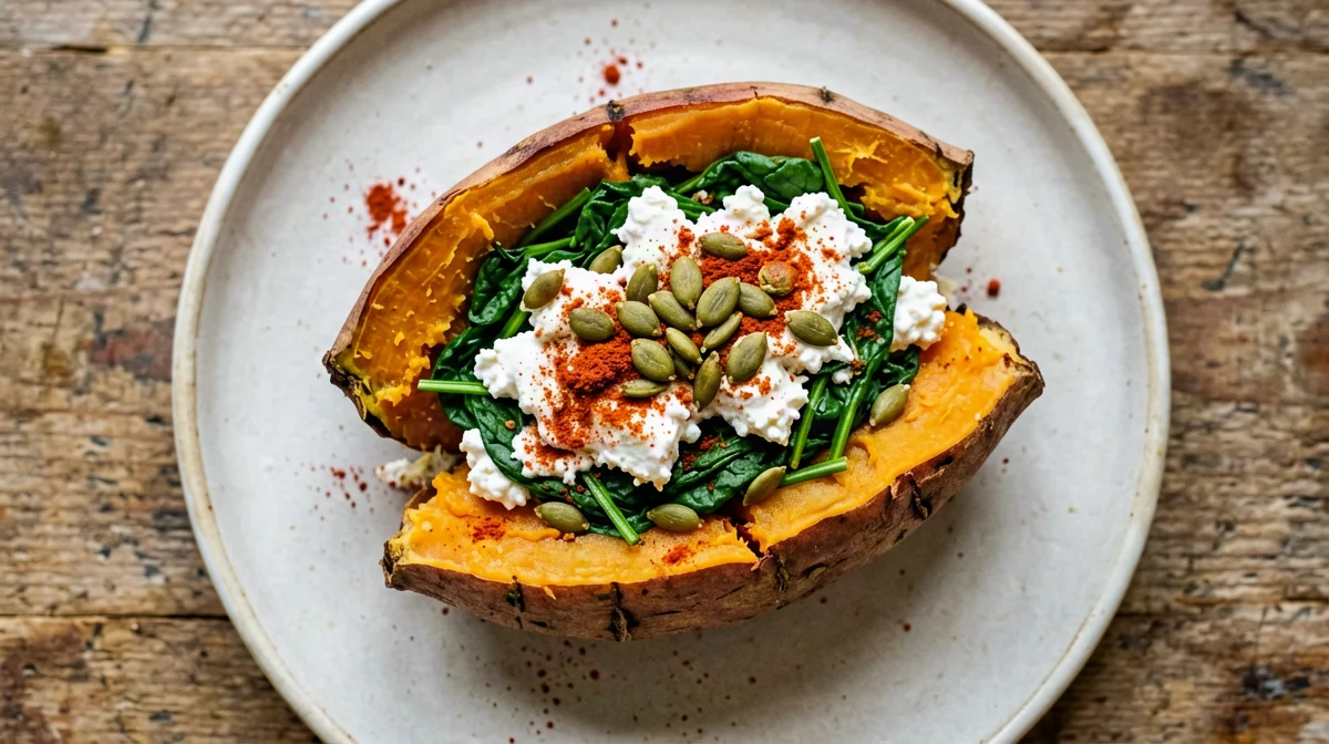Patata dolce ripiena di fiocchi di latte, spinaci e semi