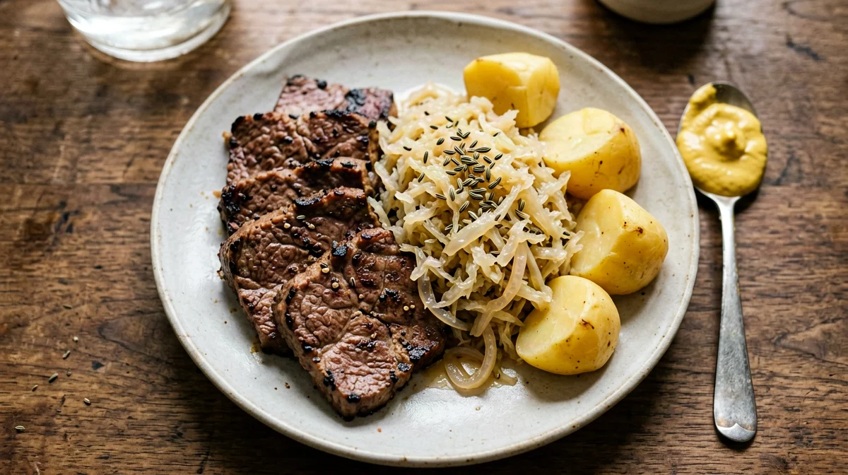 Seitan with sauerkraut, potatoes and mustard