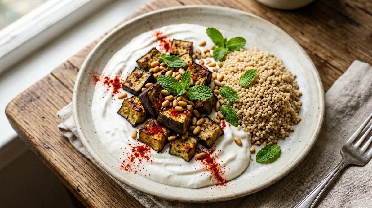 Melanzane alla turca con yogurt all'aglio e bulgur