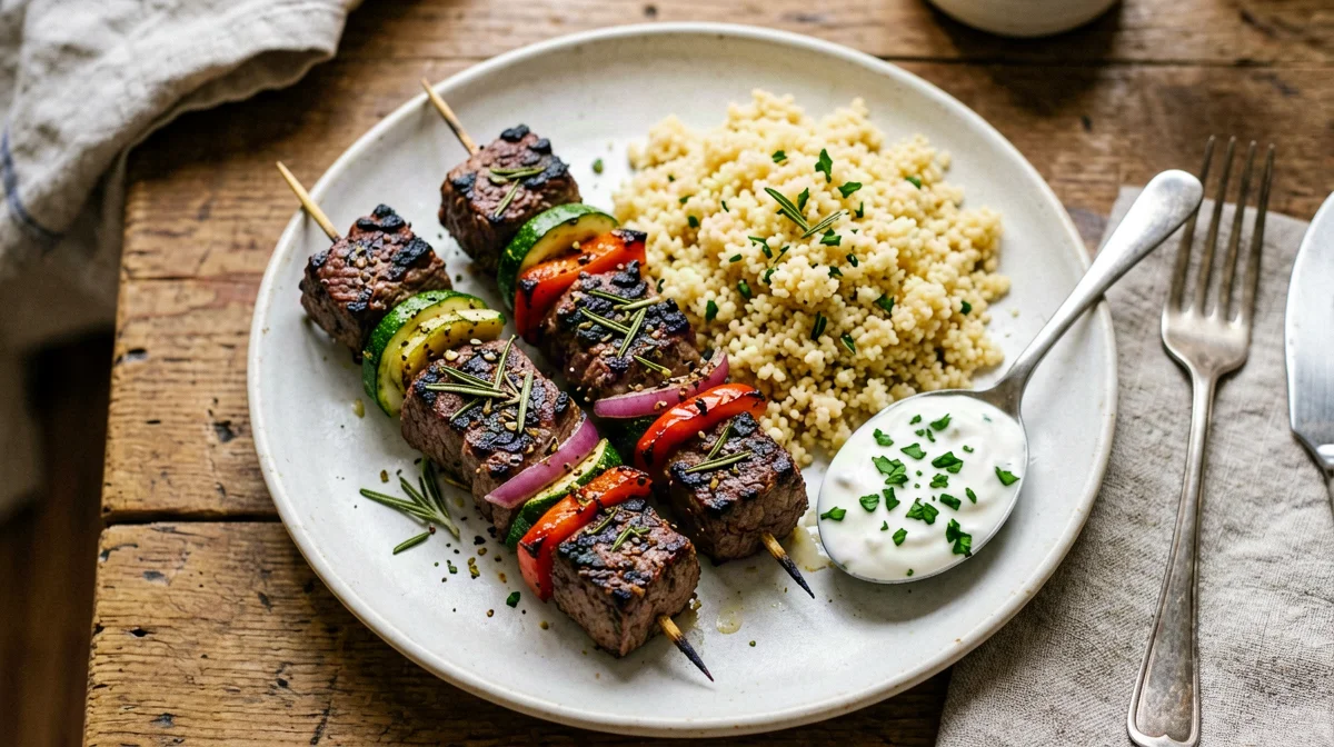 Spiedini di seitan e verdure con yogurt alle erbe e couscous