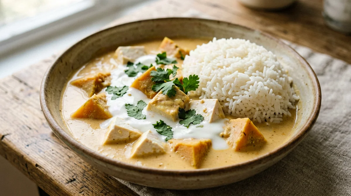 Curry di zucca e tofu con yogurt e riso basmati