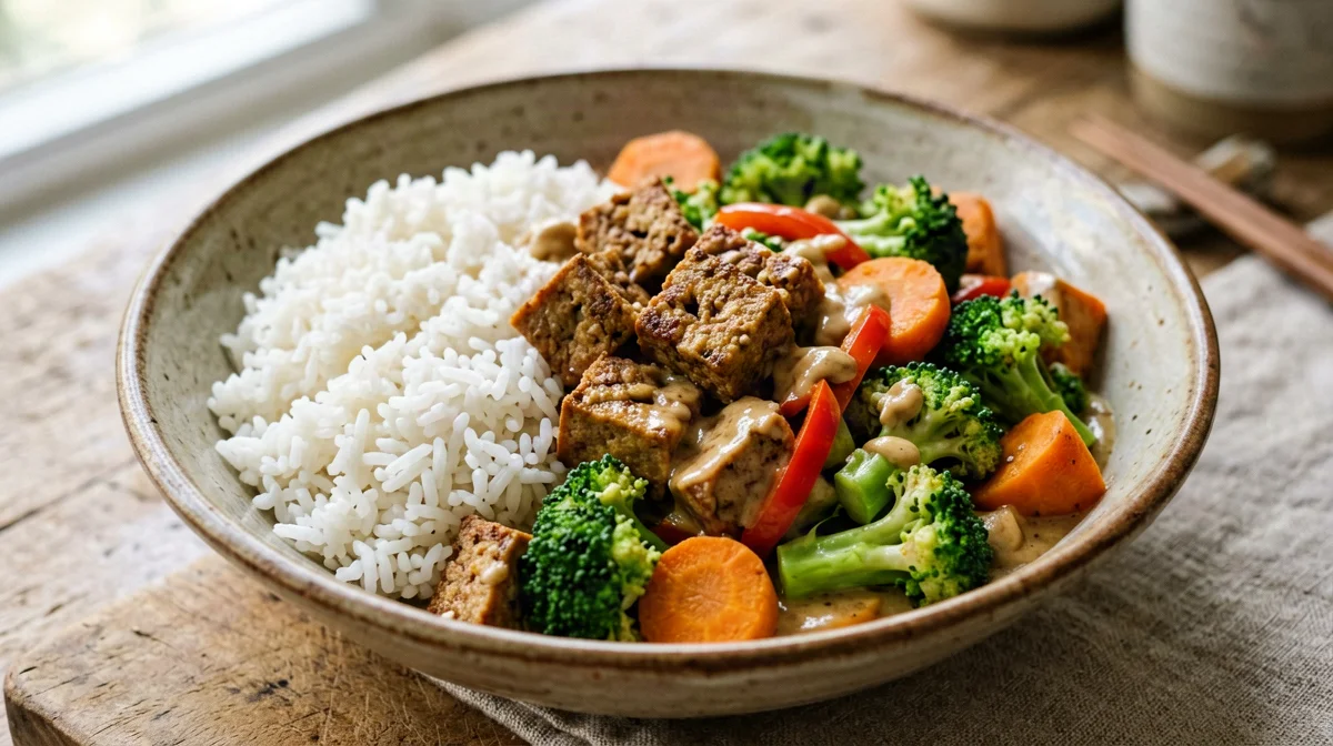 Tempeh and vegetable stir-fry in peanut sauce with jasmine rice