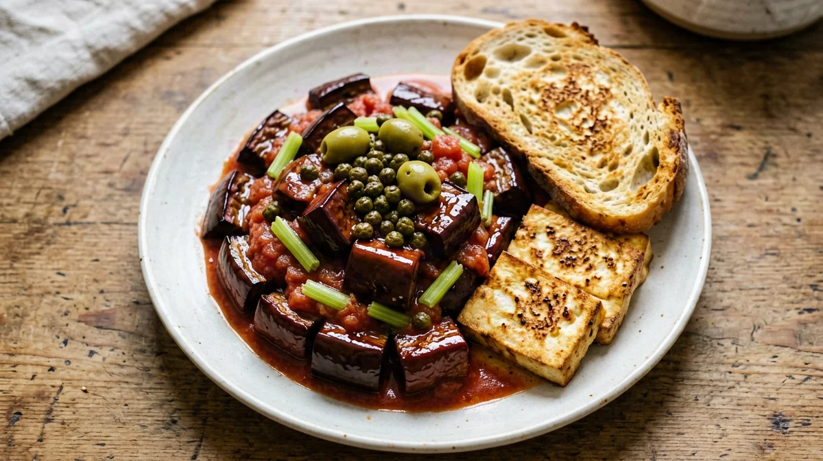 Sicilian caponata with griddled tofu and bread