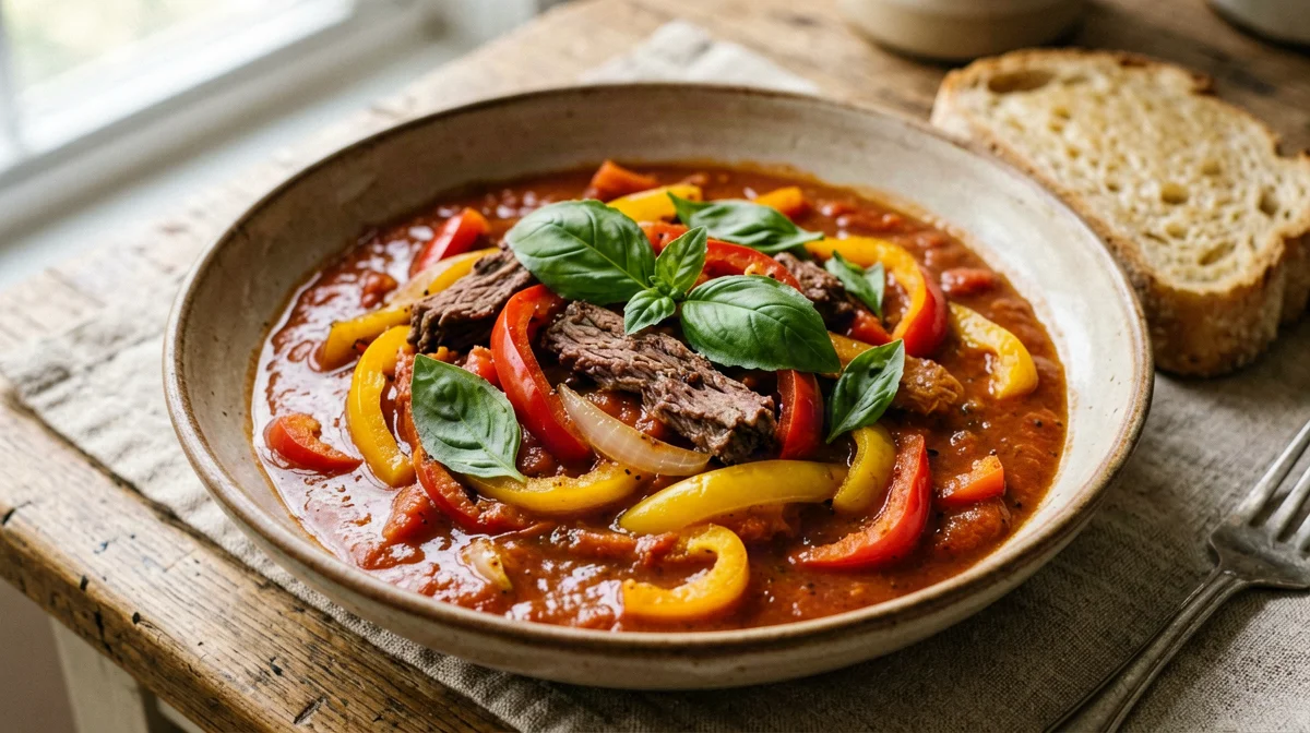 Seitan strips with peperonata and bread