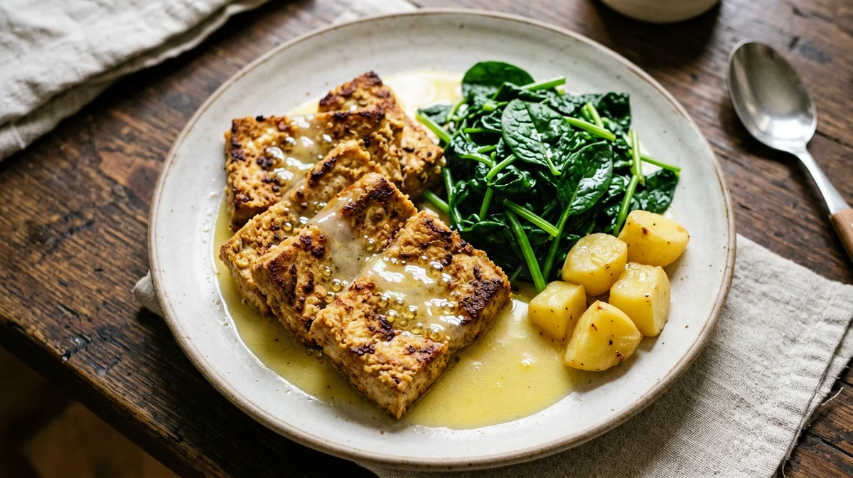Lemon tofu escalopes with spinach and potatoes