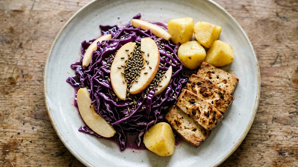 Braised red cabbage with apple and smoked tofu