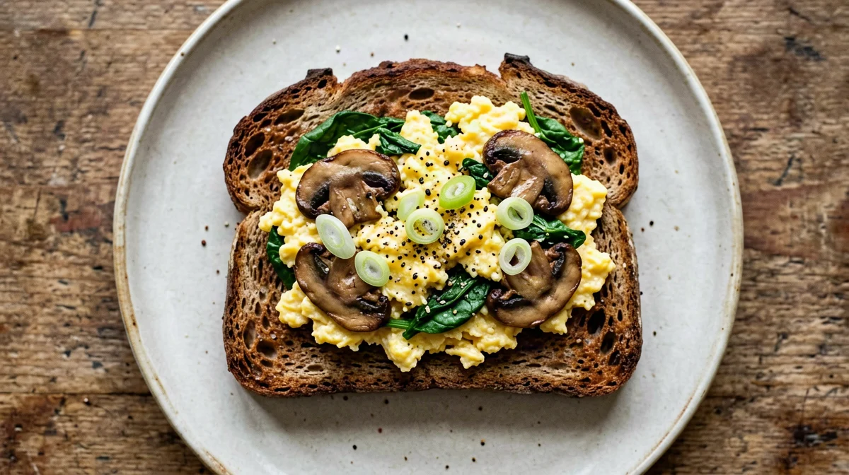 Tofu strapazzato con funghi e spinaci su pane di segale