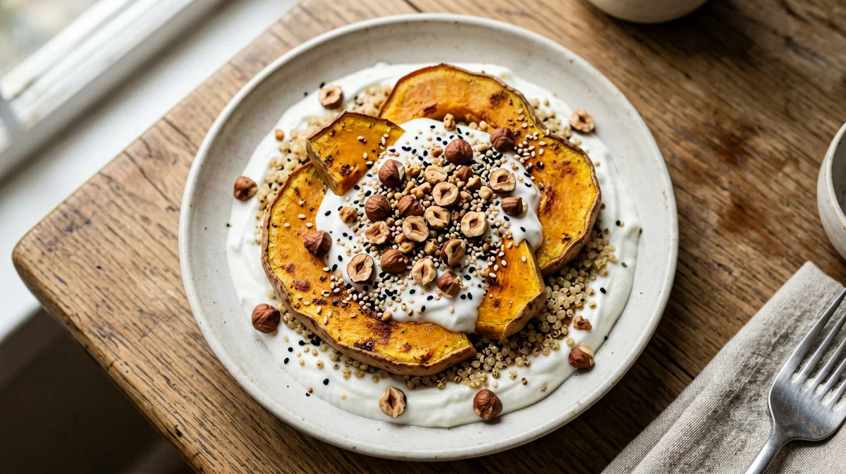 Butternut squash steaks with yogurt and dukkah, quinoa