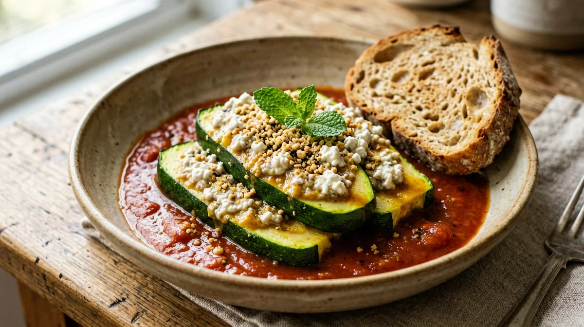 Zucchine ripiene di ricotta e menta in tegame con pane