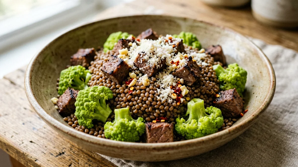 Romanesco e seitan saltati all'aglio con farro e pecorino