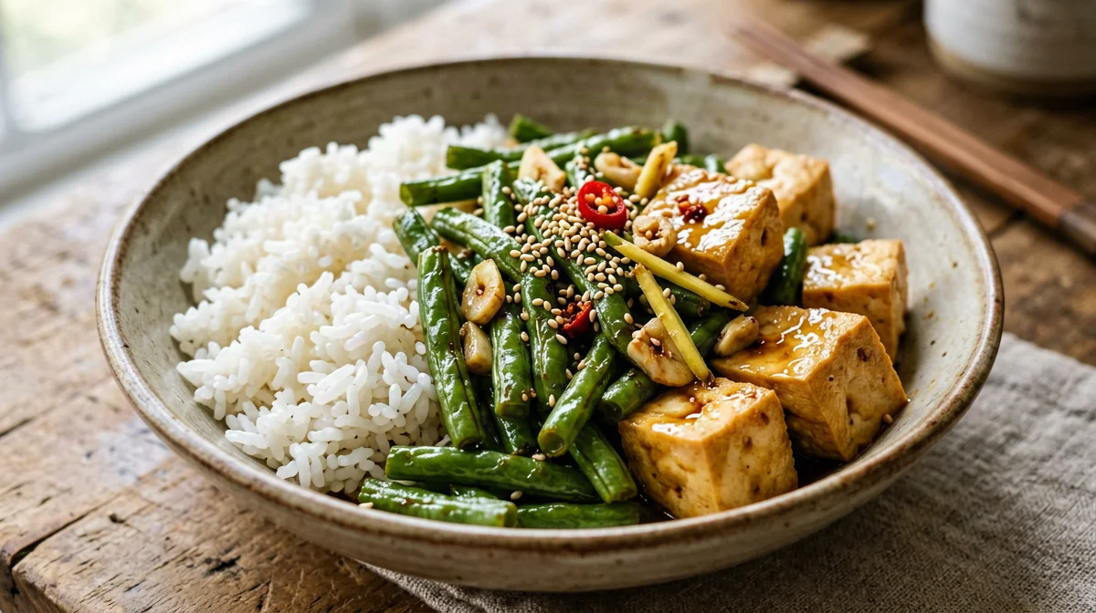 Stir-fried green beans with tofu, ginger and sesame, jasmine rice