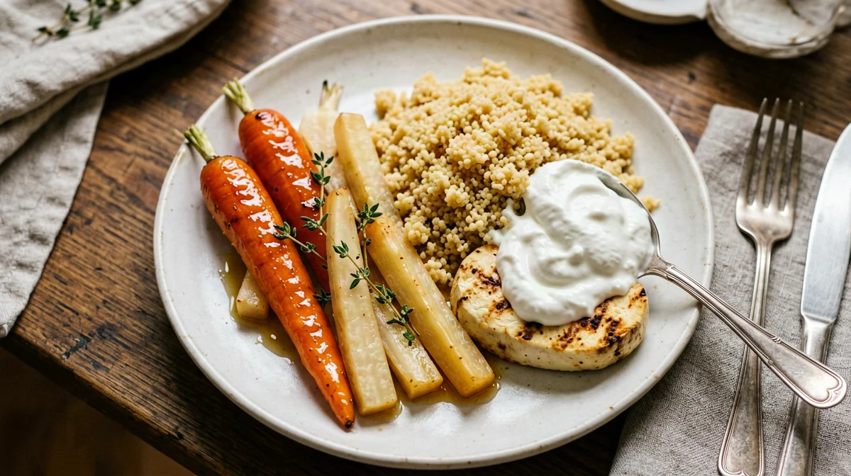 Carote e pastinache glassate al miele con halloumi e couscous