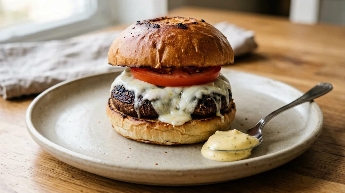 Portobello burger with light mozzarella and skyr sauce