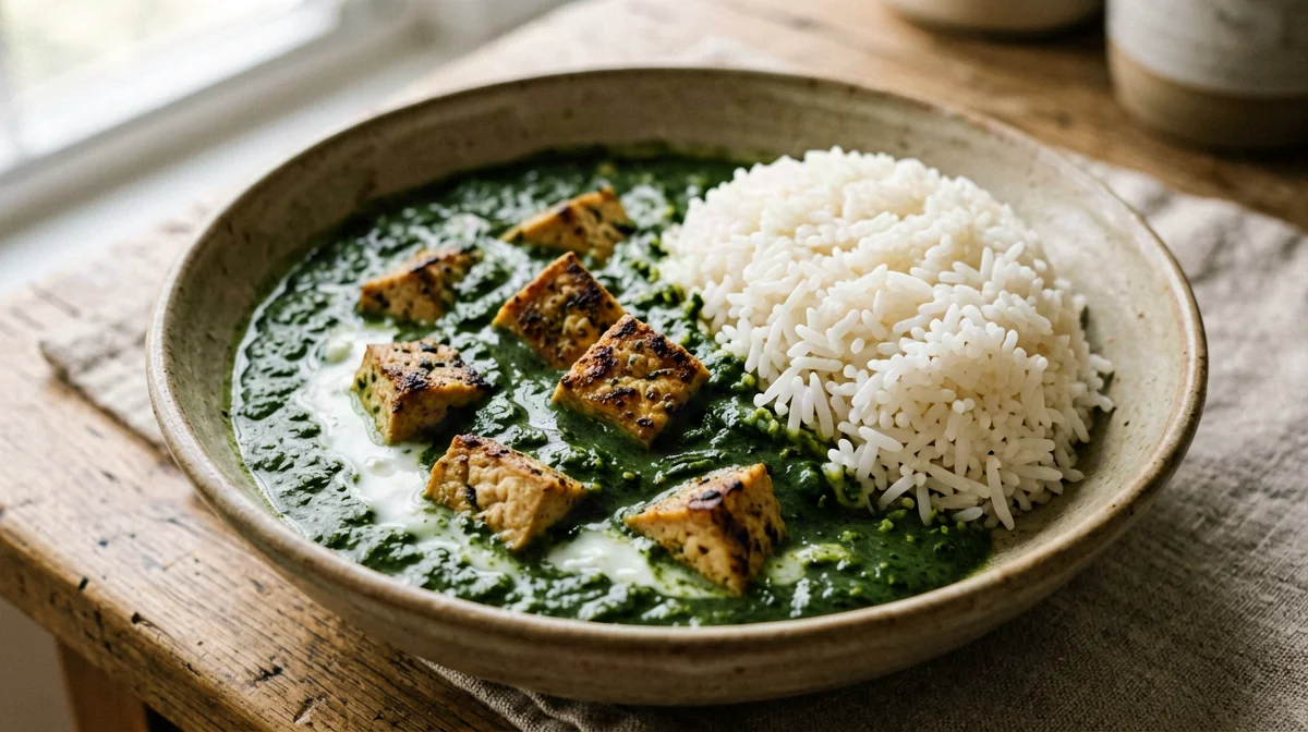 Saag tofu with spiced spinach and basmati rice