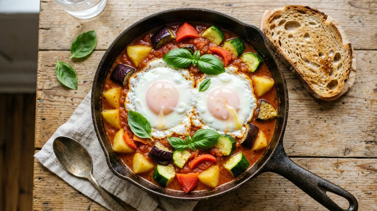 Ciambotta calabrese di verdure con uova e pane