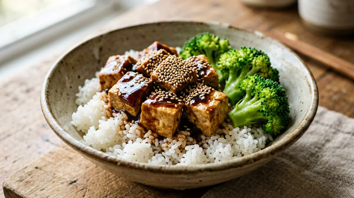 Tofu teriyaki con broccoli e riso jasmine al sesamo