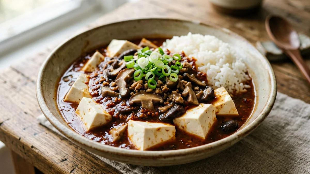 Mapo tofu vegetariano con shiitake e riso