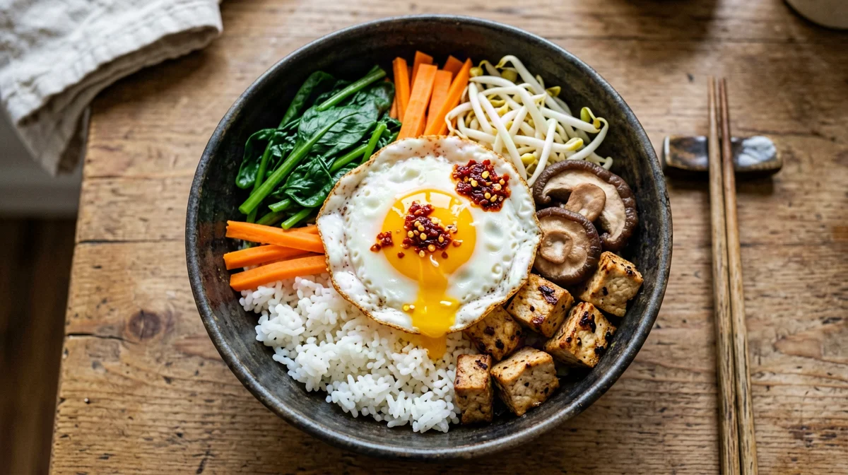 Vegetarian bibimbap with tofu and fried egg