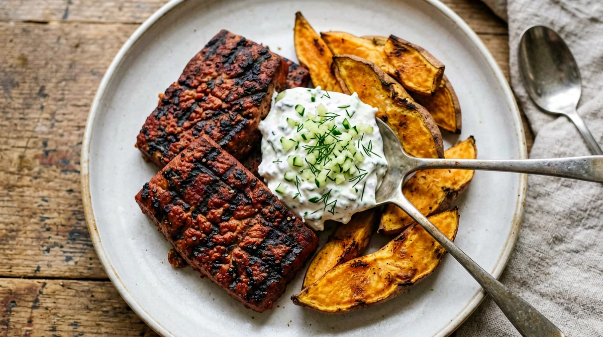 Tempeh alla griglia con salsa di yogurt e cetriolo e patate dolci