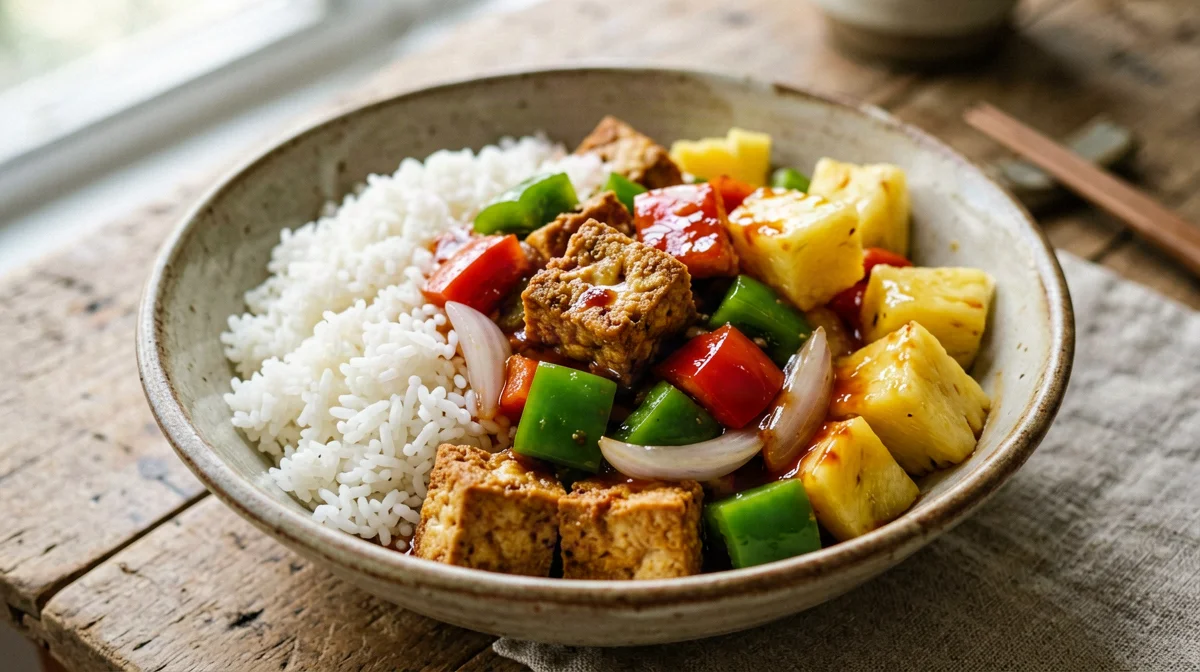 Sweet and sour tempeh with peppers and pineapple, basmati rice