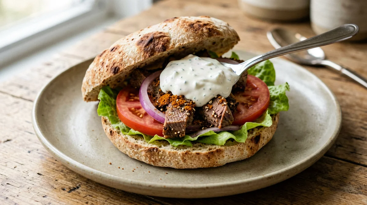 Seitan kebab pita with yogurt sauce