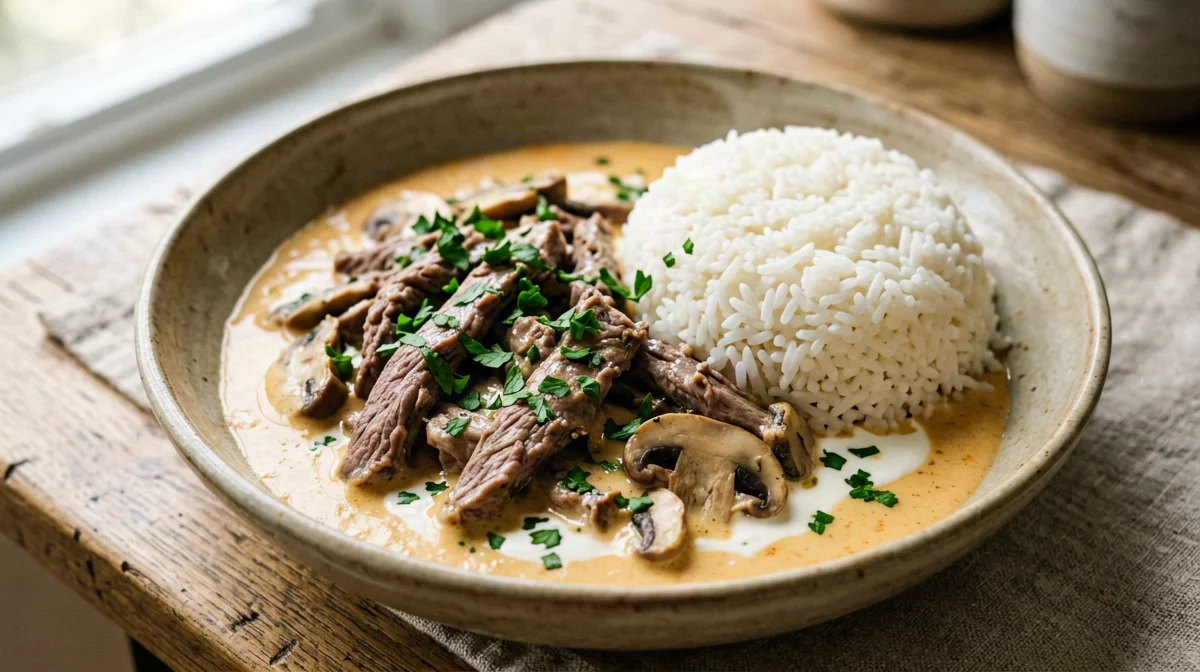 Stroganoff di seitan e funghi con riso basmati