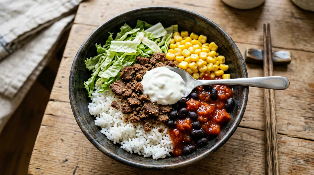Burrito bowl con seitan speziato, riso e salsa allo yogurt