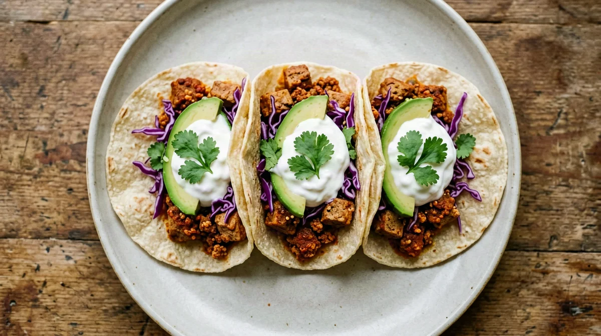 Tacos di tofu speziato con cavolo rosso e yogurt al lime