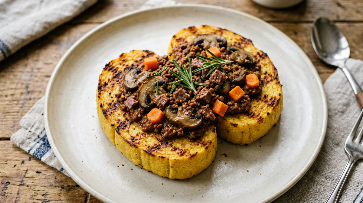 Polenta grigliata con ragù di seitan e funghi