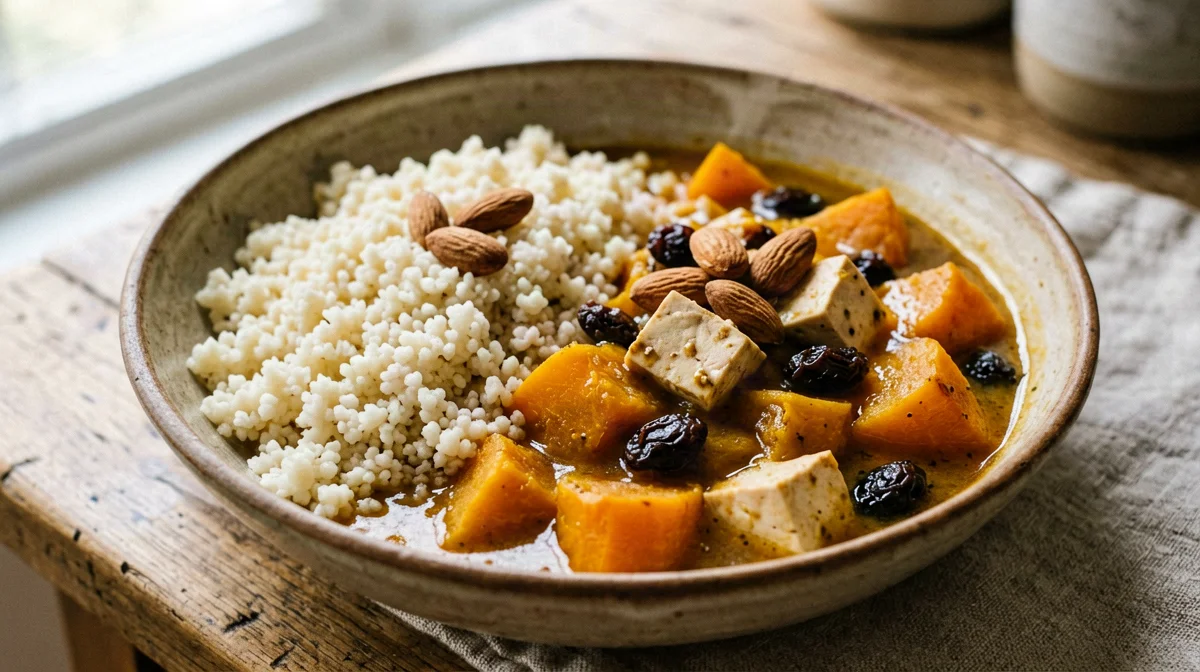 Pumpkin, carrot and cinnamon tofu tagine with couscous