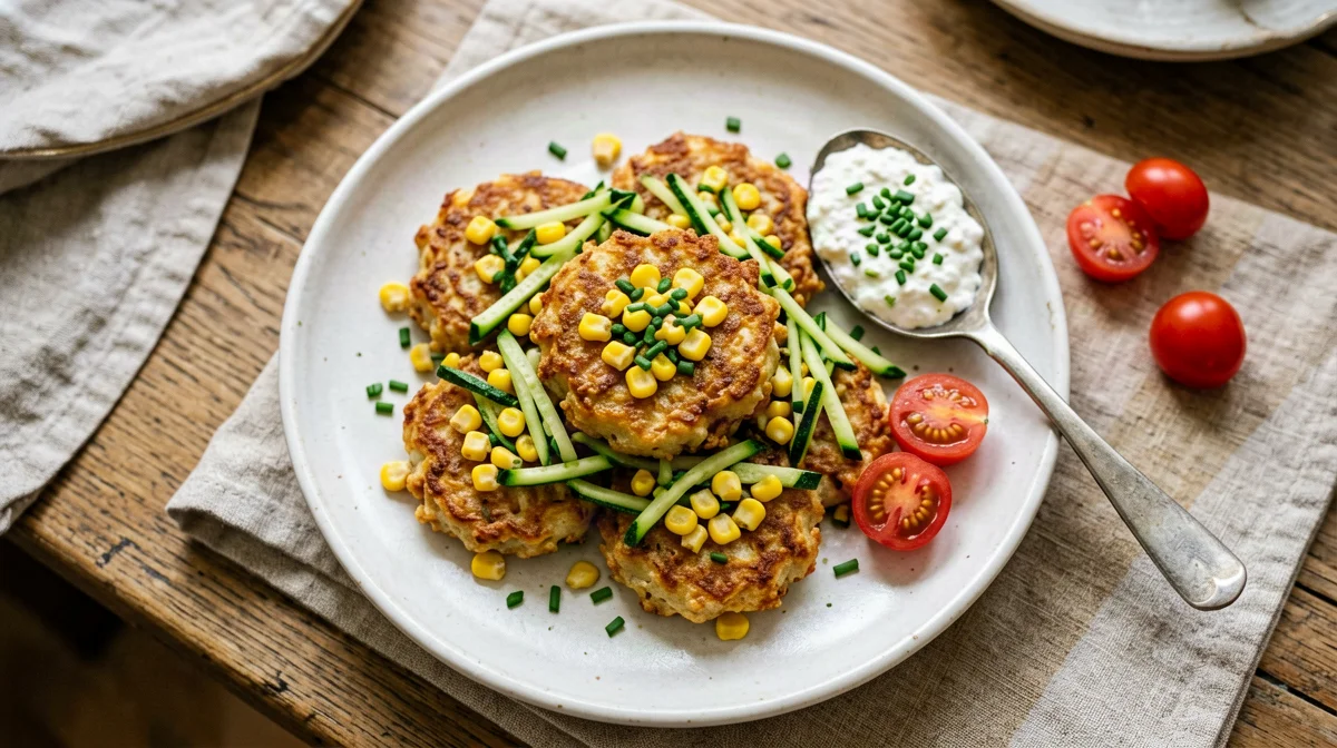 Corn and zucchini fritters with skyr and cherry tomatoes